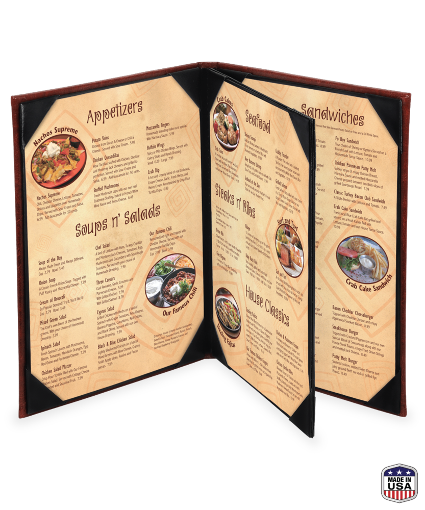 faux cowhide triple booklet menu cover restaurant menu booklet