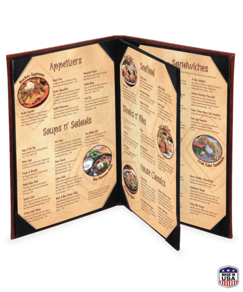 faux cowhide triple booklet menu cover