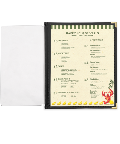 Full Width Menu  Pocket with Leatherette Binding