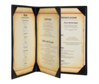 SEE MORE: Type MenuCoverMan in  search. 6-VIEW Gold corners 5.5 WIDE x 8.5 TALL DOUBLE-STITCHED Leatherette Sewn Edge 25 BETTER QUALITY Menu Covers #3127 BLACK TRIPLE PANEL FOLDOUT 