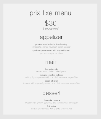 Only fans menu example